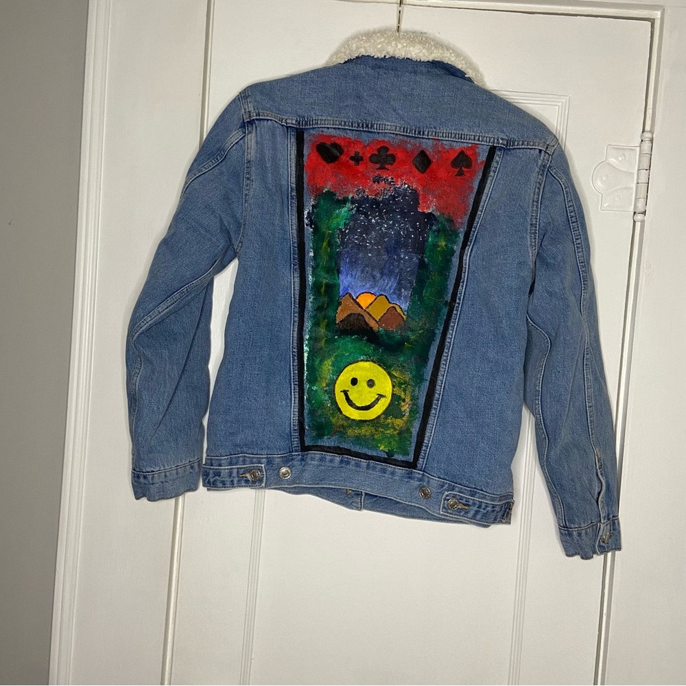 Top Shop Moto Custom Painted Sherpa Denim Jacket Size 0